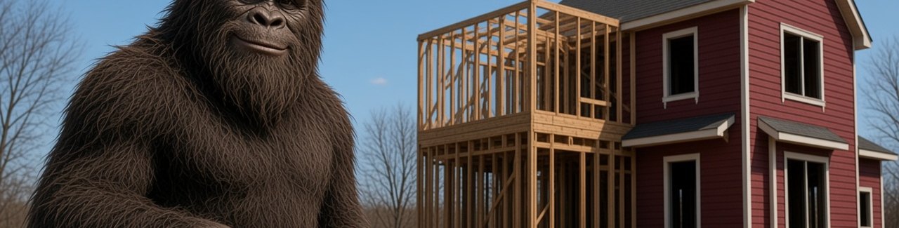 Bigfoot beside a house still being framed