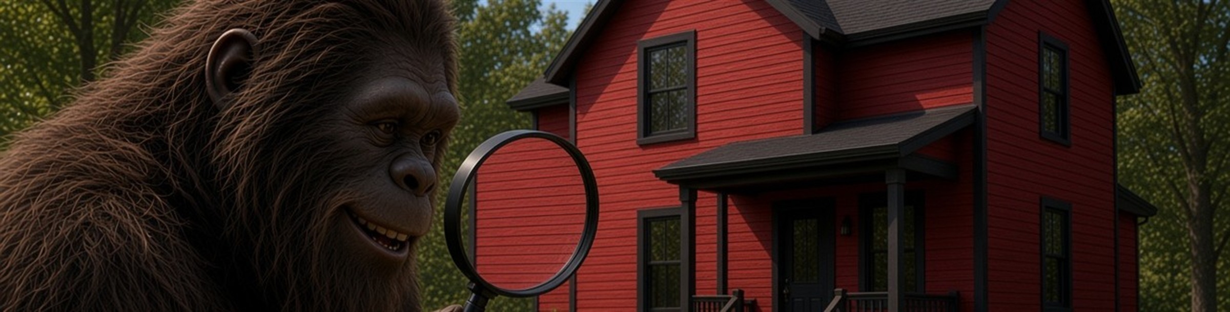 Bigfoot looking at the red farmhouse through a magnifying glass
