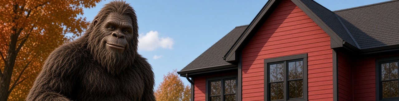 Bigfoot holding a tree key in front of a red and black house