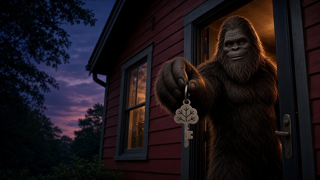 Bigfoot holding a tree key in the doorway of a red house