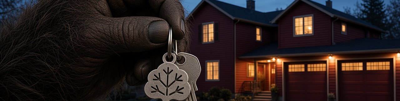 Bigfoot holding a ring of keys in front of a lit red house