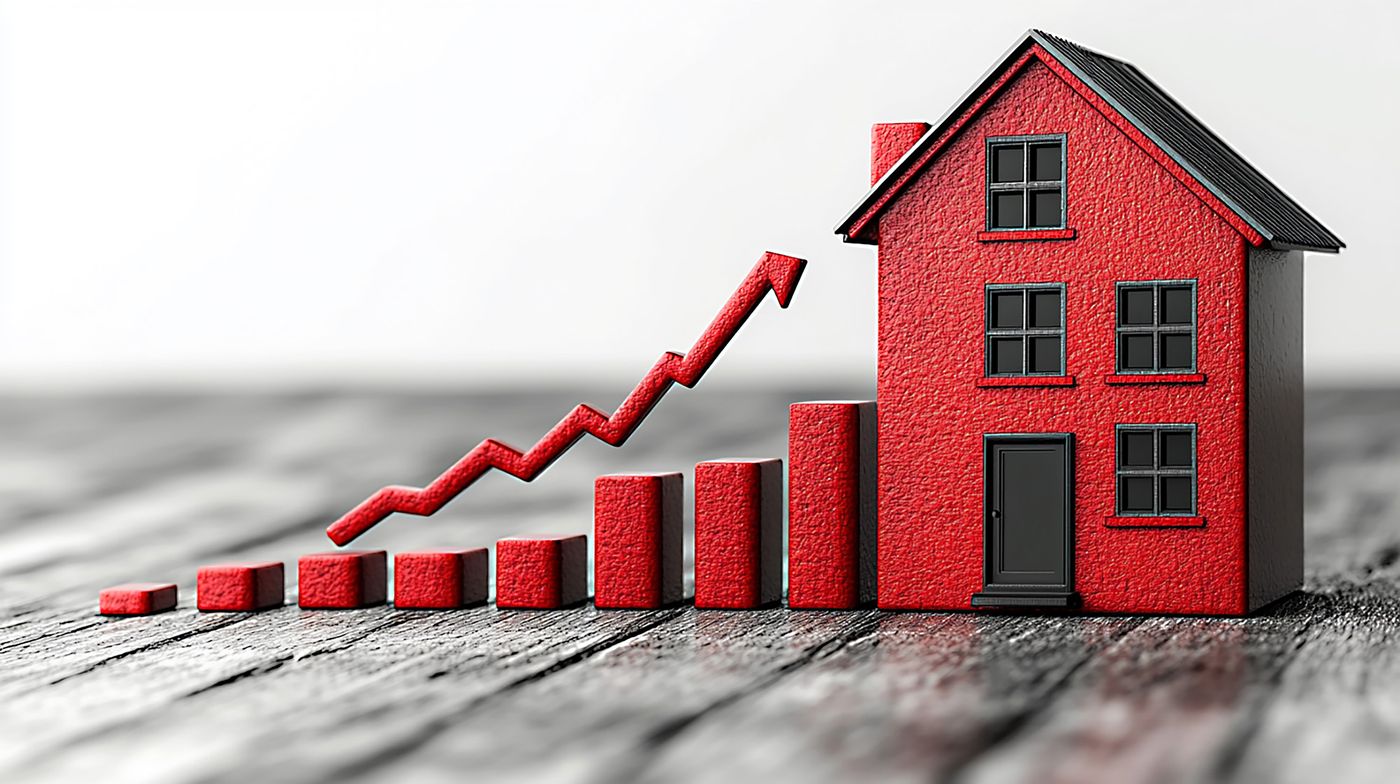 A red house rising along a bar chart
