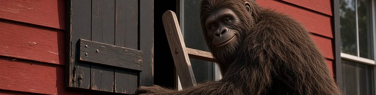 Bigfoot on a ladder repairing a black shutter on a red house