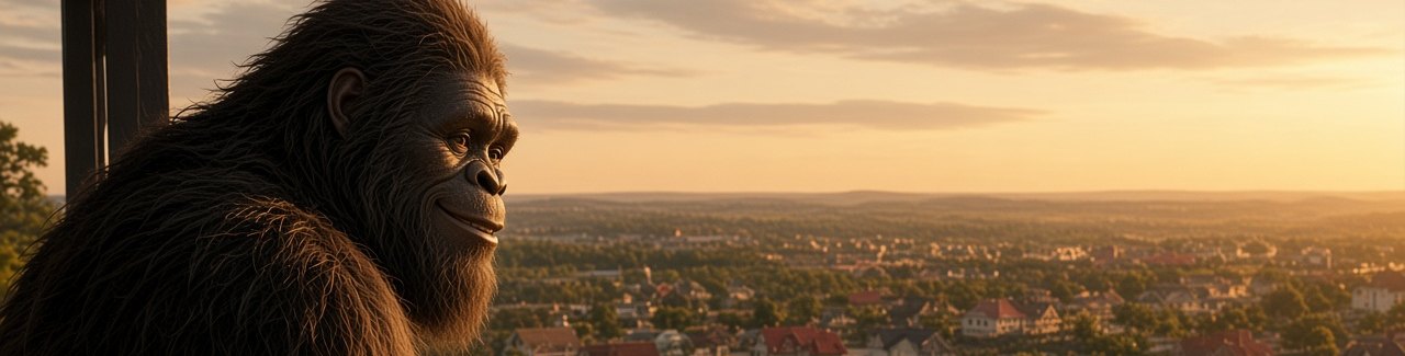 Bigfoot looking over a town of rooftops at sunset