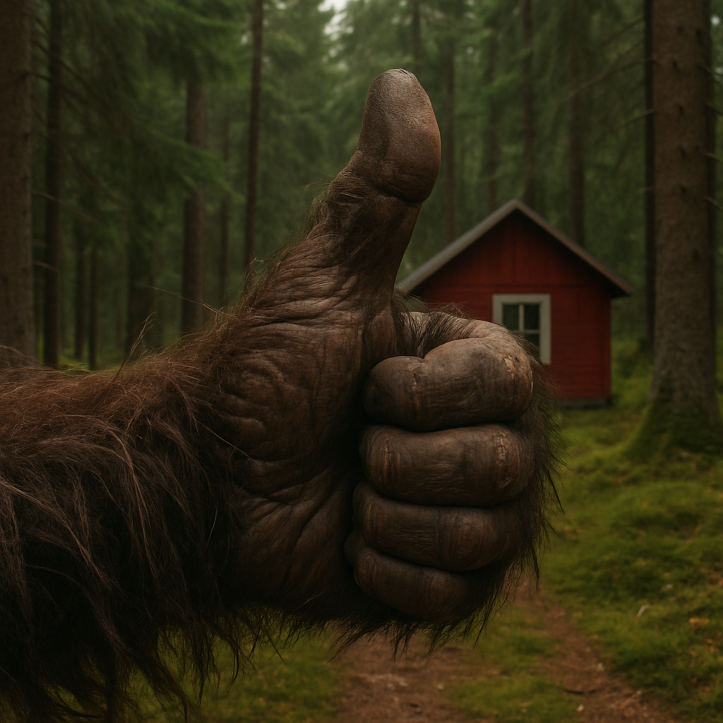A thumbs-up in front of a red cabin