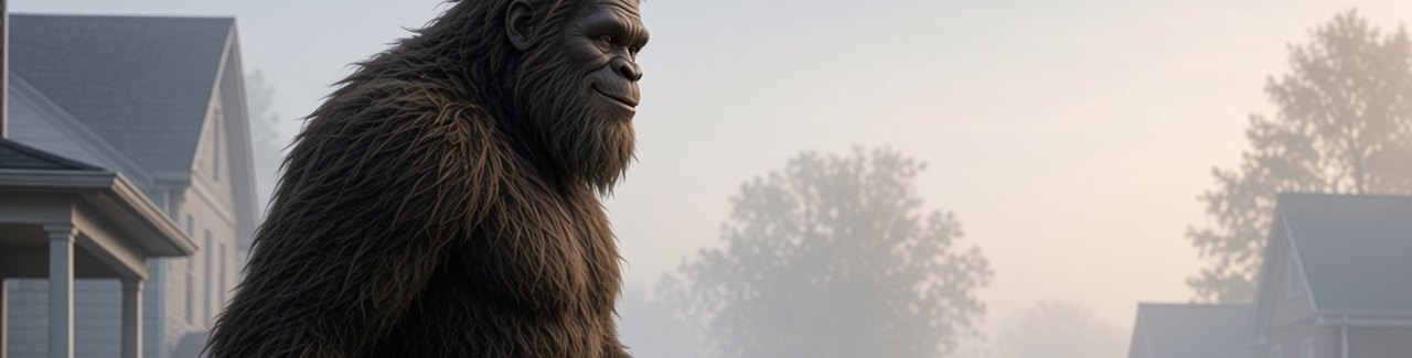 Bigfoot walking past red houses on a foggy street