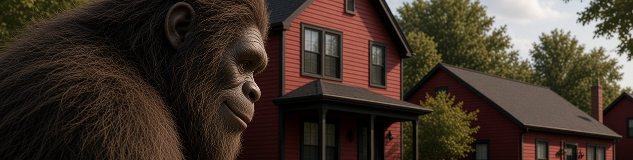 Bigfoot looking down a street of red and black houses, holding a tree key