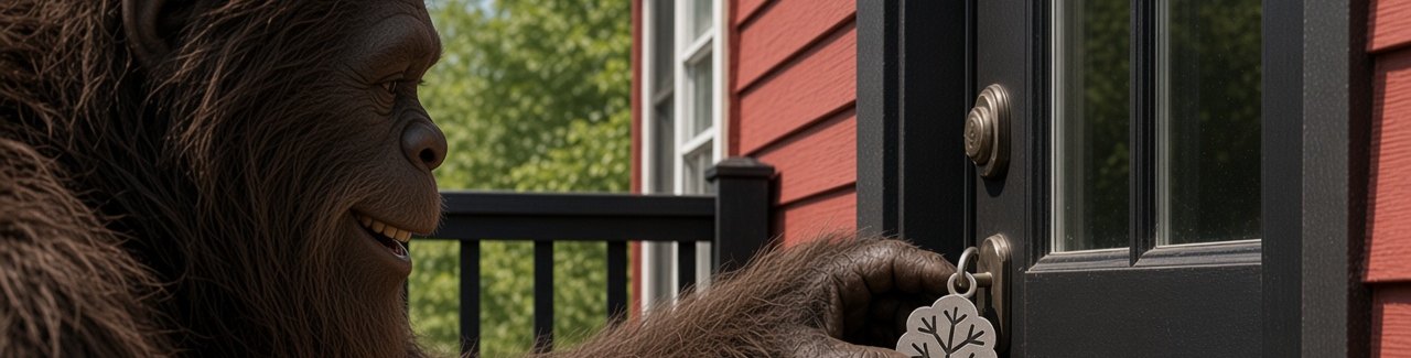 Bigfoot putting a tree key into the door of a red house