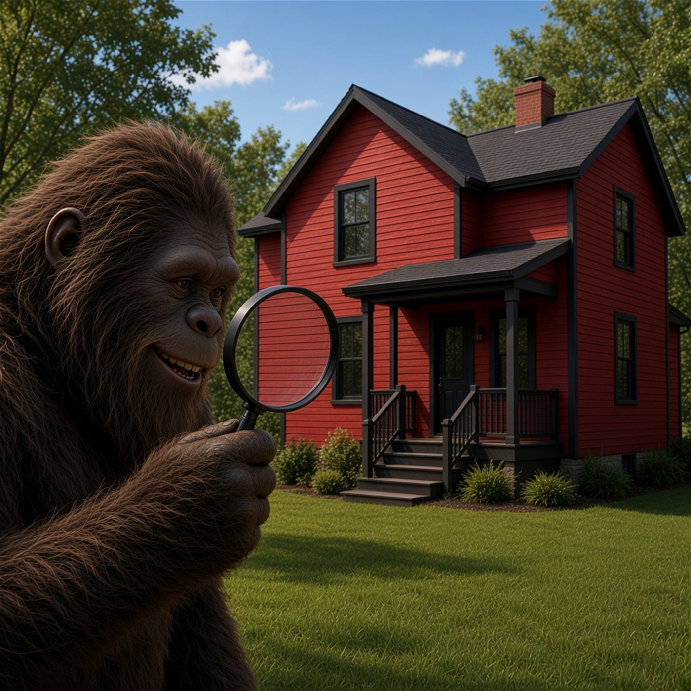 Bigfoot inspecting the red farmhouse